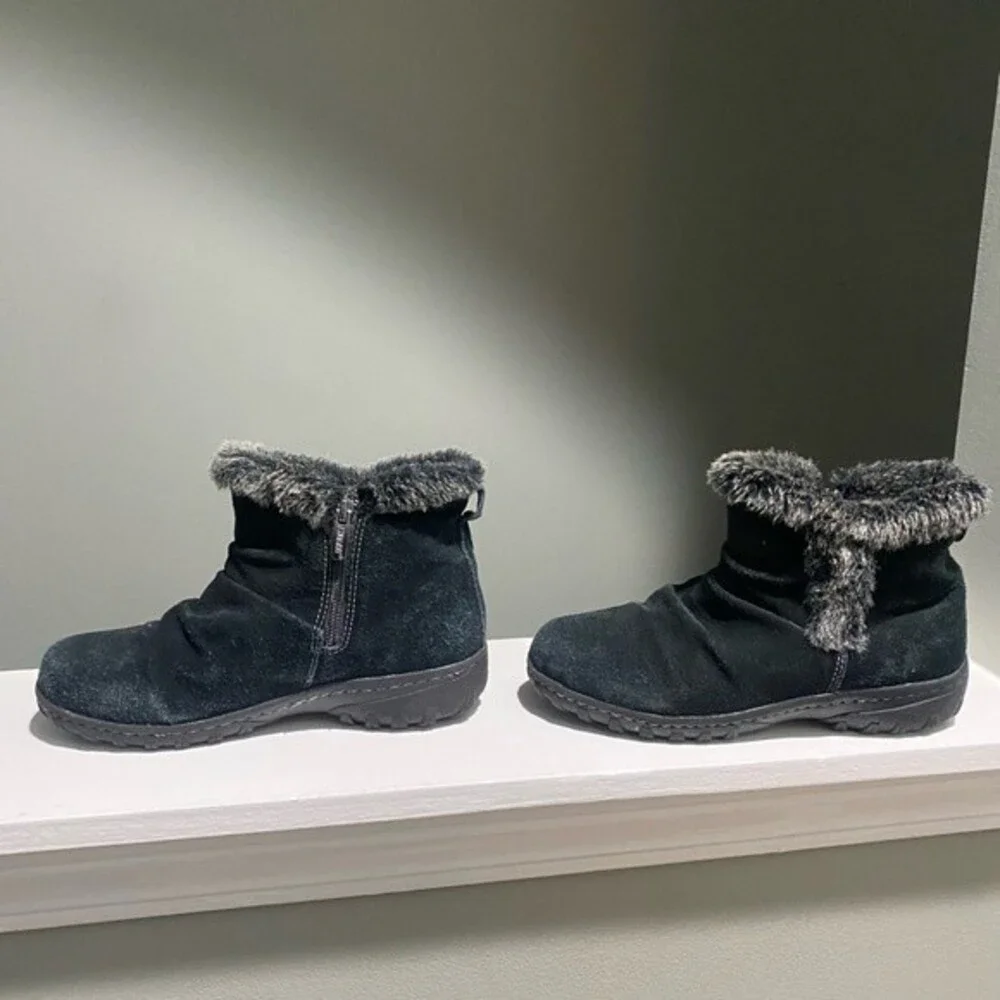 All Weather Black Leather Faux Fur Ankle Boots by Khombu -size 7